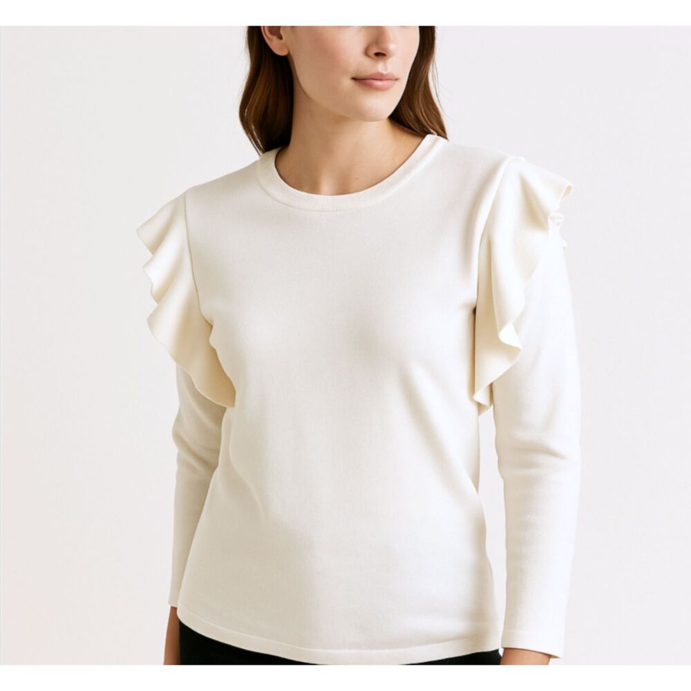 Apparalel White Ruffle Sleeve Knit Top Size L | Women’s Sweater Blouse